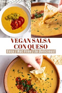 two pictures showing different types of soup with text overlay that reads vegansala con queso easy / nut - free / 30 delicious