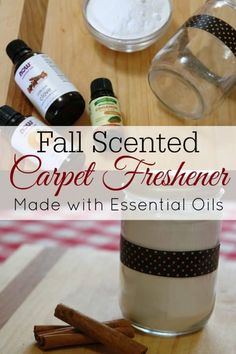 the ingredients to make an easy diy scented carpet freshener made with essential oils