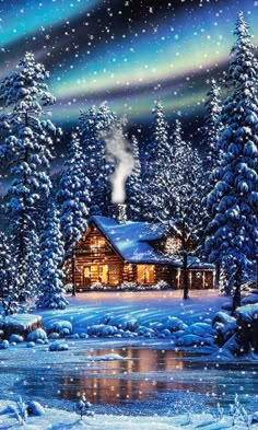 a painting of a cabin in the woods at night with aurora lights and snow falling