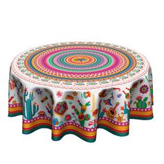 a round table cloth with colorful designs on it