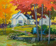 a painting of a house in the fall with trees and lawn chairs on the grass