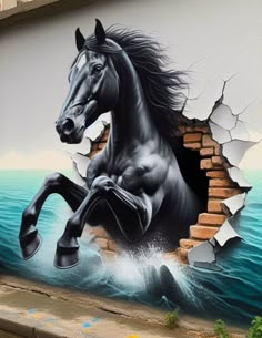 a black horse running through a hole in the side of a building with paint on it