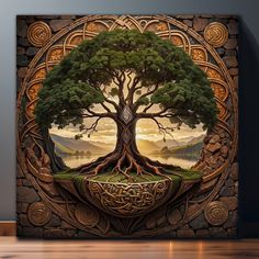 a tree with its roots in the middle of it, surrounded by an intricate design