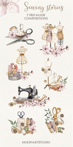 an image of sewing related items in watercolor and ink on paper with the words sewing stories