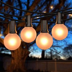 some lights are hanging from a wire in front of a tree