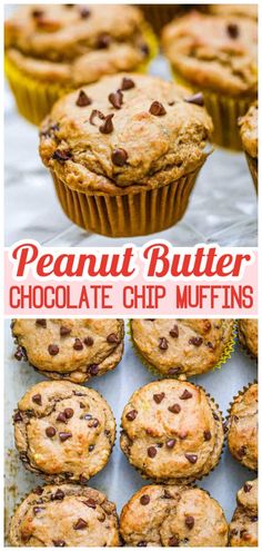 peanut butter chocolate chip muffins on a baking sheet with the title above it