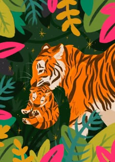 an image of two tigers in the jungle with leaves and stars on it's background