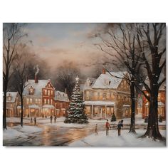 a painting of people walking in the snow near a christmas tree with lights on it