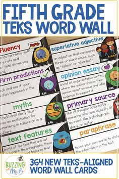 the fifth grade teks word wall is shown in this image with text and pictures on it