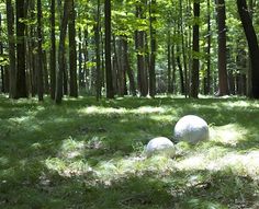 three white balls sitting in the middle of a forest filled with green grass and trees