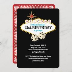 a las vegas birthday party welcome card with two dices on the front and back