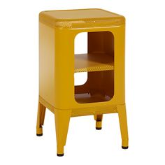 a yellow plastic shelf with two shelves on each side and one drawer at the top