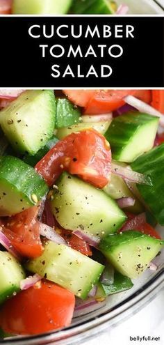 cucumber tomato salad in a bowl with the title overlay reading cucumber tomato salad