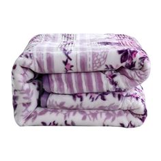 three purple and white blankets stacked on top of each other