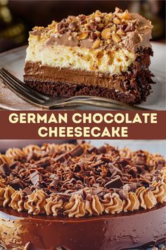 german chocolate cheesecake on a plate with a fork in the foreground and an image of