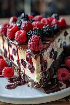 a white plate topped with a cheesecake covered in berries