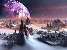 an alien landscape with mountains and planets in the sky