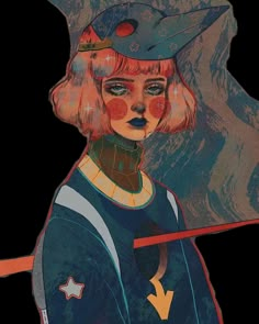 a drawing of a woman with red hair and a hat on her head wearing a blue uniform