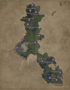 a map with several locations on it and some purple dots in the middle of the map