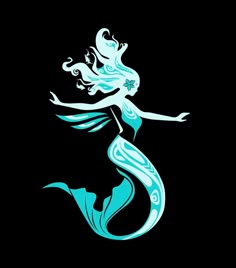 a blue and white mermaid silhouette on a black background