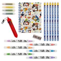 the mickey mouse stationery set includes pens, markers and pencils