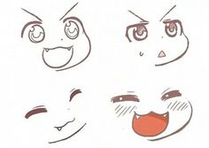 four cartoon faces with different expressions on them, one is smiling and the other has an open mouth