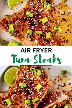 air fryer tuna steaks on a white plate with lime slices and seasoning