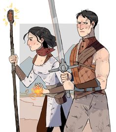 a man and woman are standing next to each other, holding swords in their hands