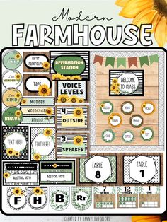 the farm house printable kit includes sunflowers, tags and labels for each item