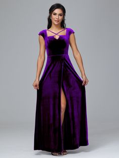 a woman in a long purple dress