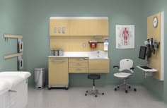 a medical office with chairs, desks and cabinets