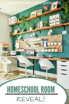 a home office with shelves, desks and chairs in front of the wall that is painted teal