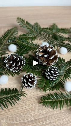 pine cones are arranged on a wooden table