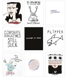 various stickers with cartoon characters and words on them, all in black and white