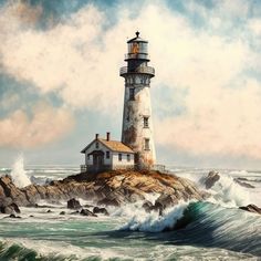 a painting of a lighthouse on top of a rock in the ocean with waves crashing around it