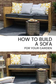 Learn how to build a rustic style two seater outdoor sofa for your garden (with the help of a few Sainsbury's Home Goods!)- get the step by step tutorial for building a sofa seat for the garden at / Grillo designs #diygardenfurniture #diysofa Narrow Lounge, Build Sofa, Simple Diy Bench, Bench Balcony, Lounge Bench, Bench With Backrest, Built In Sofa, Sofa Outdoor, Diy Outdoor Decor