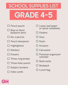 the back to school supplies list for grade 4 - 5 is shown in pink and white