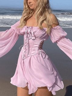 Fairy Grunge Princesscore Dress Set with Optional Top Long Sleeve Corset Mini Dress - AnotherChill Chiffon Tunic Dress, Beach White Dress, Corsets Vintage, Fest Outfits, Dress With Corset, Pink Corset, Flare Sleeve Dress, White Corset, Chiffon Mini Dress