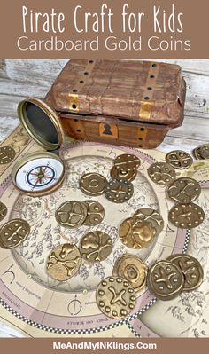 pirate craft for kids with gold coins and a wooden box on the table next to it