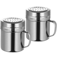 two stainless steel coffee mugs with lids and handles, one has a strainer