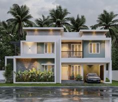 a car is parked in front of a two story house with palm trees behind it