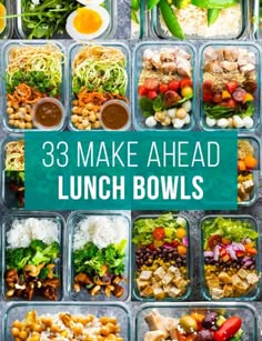 an image of lunch bowls with the words, make ahead lunch bowls on top and below