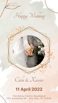 a wedding card with an image of the bride and groom holding each other's hands