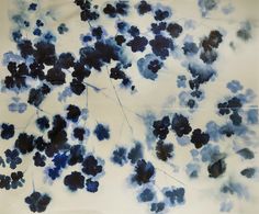 an abstract painting with blue and black flowers