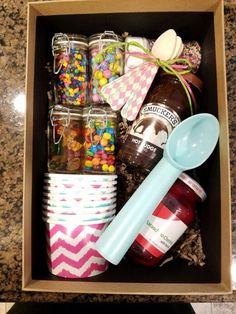 a box filled with lots of different types of candy and confection in it