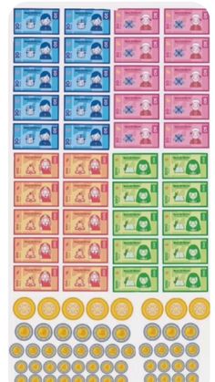 money stickers are shown in different colors and sizes, including one for each dollar