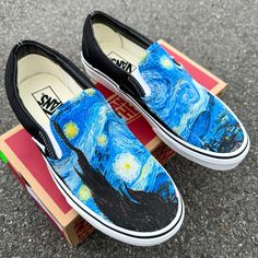 You'll be a walking piece of art with this famous Van Gogh painting on your shoes! We buy each pair of shoes BRAND NEW. The ink is permanent and will never come off. Made in the USA. This price includes everything: shoes and artwork. Note: Blvd Custom is in no way affiliated with any of the shoe brands or companies that are featured on our website. Each pair of shoes is ordered lawfully bought at retail price. Then we are able to print artwork and designs on the shoes to create for our supporter Van Gogh Shoes, Shoes Artwork, Ons Shoes, Night Shoes, Night Slip, Custom Vans Shoes, Van Gogh Painting, Van Gogh Paintings, Starry Night Van Gogh