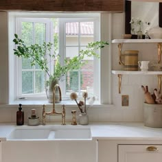 a white kitchen sink sitting under a window next to a potted plant in a vase