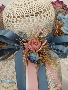 "Amazing vintage starched crocheted decorative hat. This beauty has so many details added to it. It is decorated with gorgeous pink pearls shaped into hearts, pink and blue flowers, babys breath, and blue ribbon. One of a kind piece. Ready for use or display. Approx. 16\"D X 5.75\"D in the opening for head X 3.5 - 3.75\"H PLEASE LOOK AT ALL PICTURES. PLEASE take advantage of the ZOOM feature to enhance the areas for better details. Please message me with any questions, I want you to be happy wit Bohemian Pink Flower Hat, Pink Bohemian Flower Hat, Handmade Pink Mini Hat For The Beach, Handmade Pink Mini Hat For Beach, Whimsical Handmade Pink Crochet Hat, Handmade Pink Flower Hat, Whimsical Pink Handmade Crochet Hat, Pink Handmade Flower Hat, Pink Bohemian Mini Hat With Curved Brim