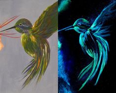 two paintings of hummingbirds in different stages of flight, one is green and the other is blue